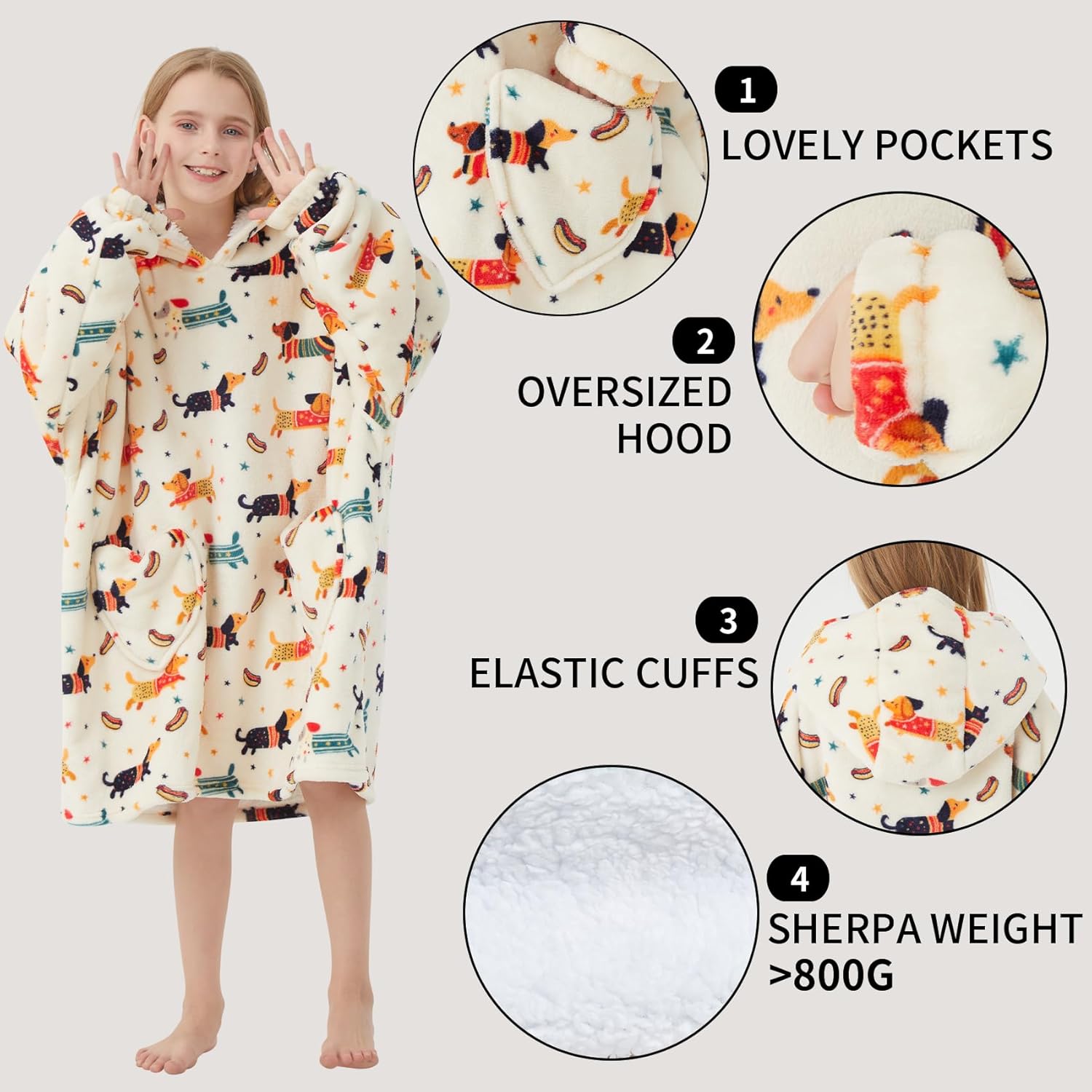 Wearable Blanket Hoodie for Kids Oversized Sherpa Blanket Hoodie for Kids Boys Girls Teens 6-13YR,Dachshund - Image 3