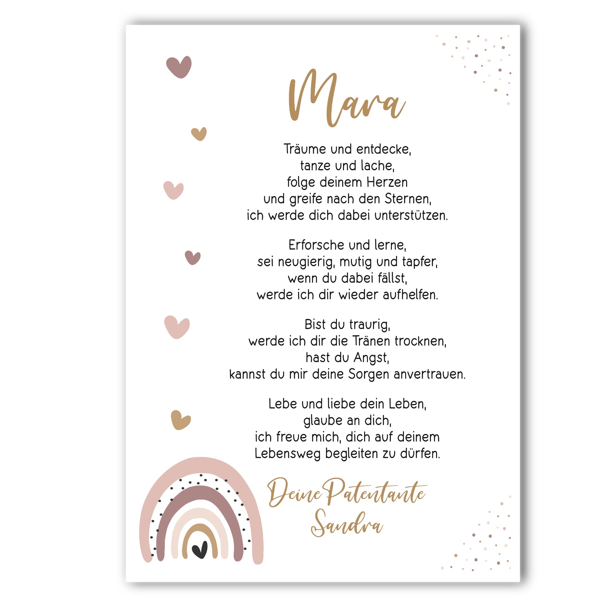 Taufgeschenk Kunstdruck | Taufe Poster | personalisiert | Patenbrief Patenkind | Regenbogen | Junge oder Mädchen (Rosa)