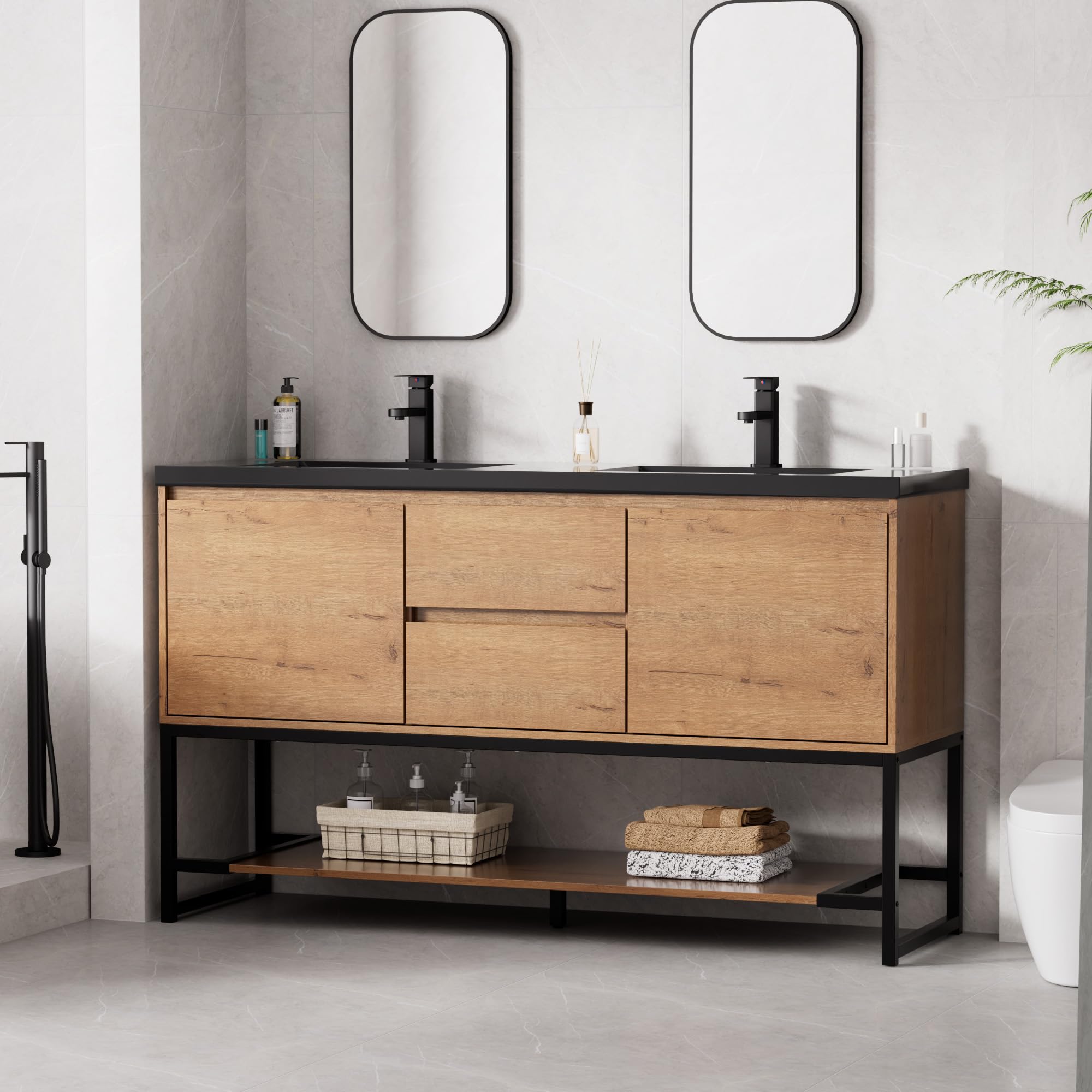 LUCKWIND 60 Inch Modern Bathroom Vanity Dual Black Sink