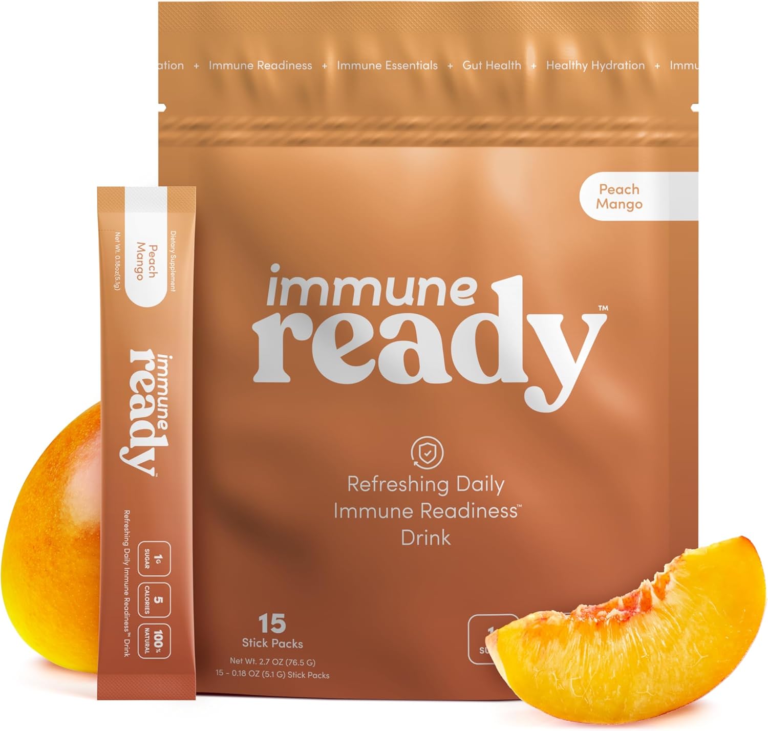 Immune Ready™ Electrolytes Powder Packets - Vitamin C Immune Support Drink Mix with Zinc, D3 & Beta Glucan - Low Sugar Hydration, Delicious Peach Mango Flavor