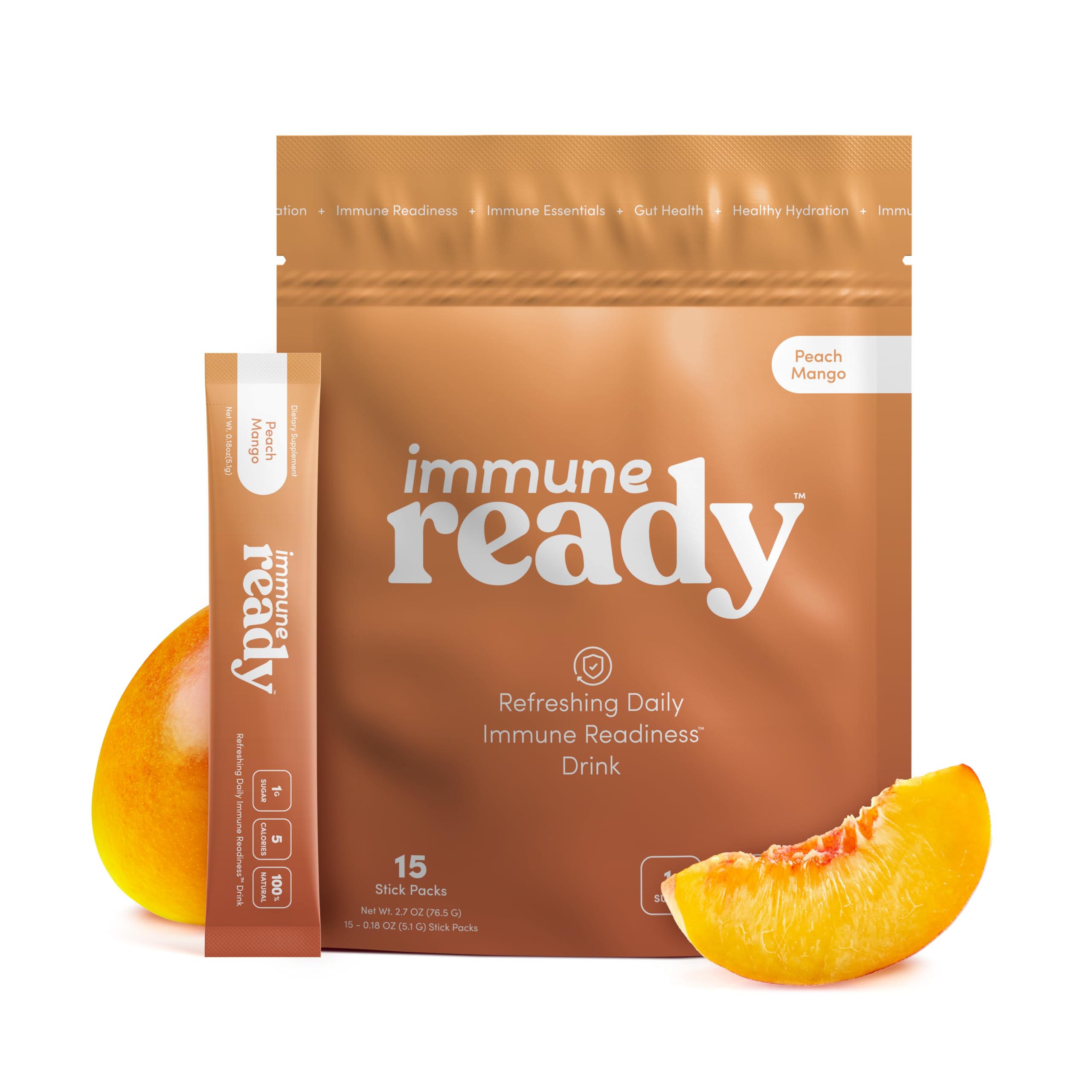 Immune Ready™ Electrolytes Powder Packets - Vitamin C Immune Support Drink Mix with Zinc, D3 & Beta Glucan - Low Sugar Hydration, Delicious Peach Mango Flavor