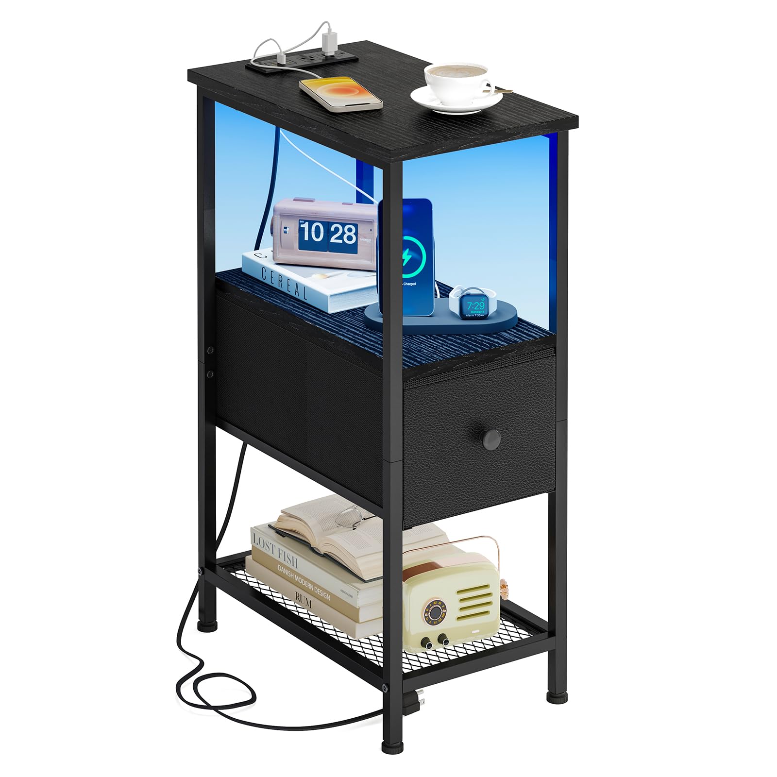 Fixwal Narrow Side Table with Charging Station and LED Light, Skinny Nightstand with 1 Fabric Drawer, Slim End Table for Bedroom, Dorm, Small Space,