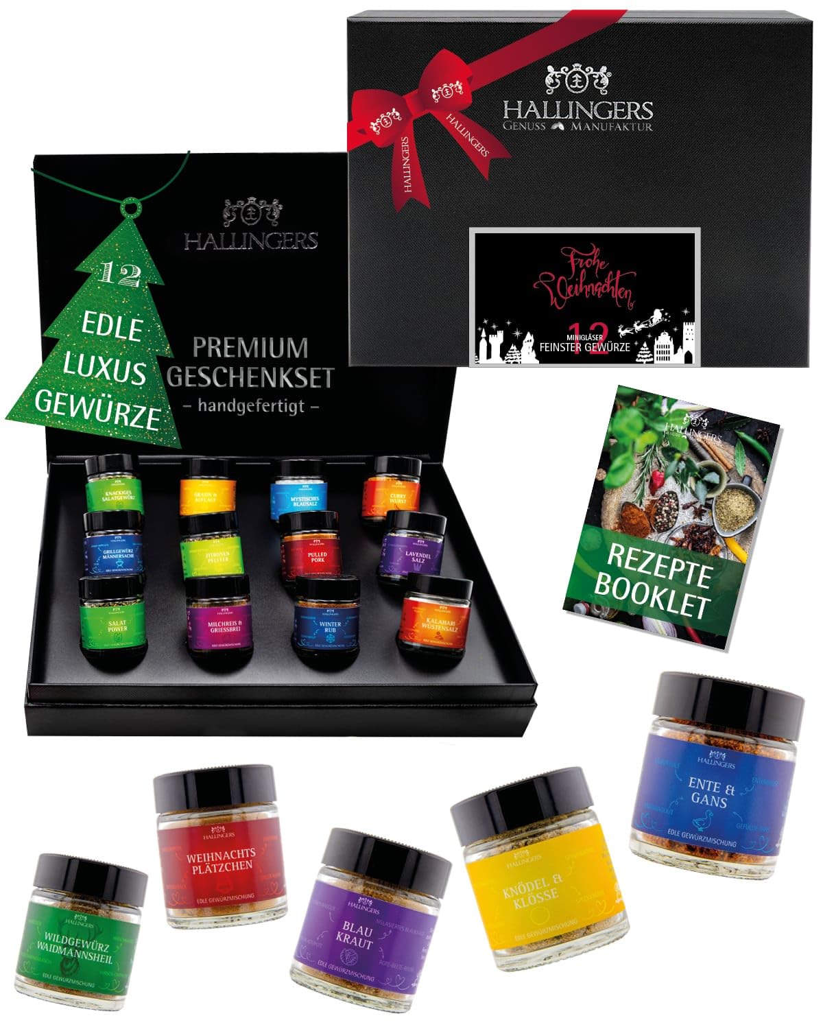Hallingers Genuss Manufaktur Gewürz Weihnachts-Geschenk-Set - 12 Gewürze aus aller Welt in wertiger Geschenkbox mit Rezept-Booklet "Frohe Weihnachten", Weihnachten für Frauen Männer
