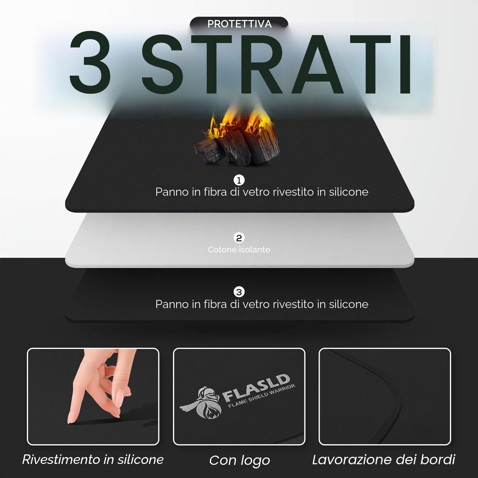FLASLD Hearth Rugs,Tappeto per caminetti, resistente al fuoco, 60x104cm, resistente al calore, antiaderente, per barbecue, patio, tappetino protettivo per pavimenti, colore: nero