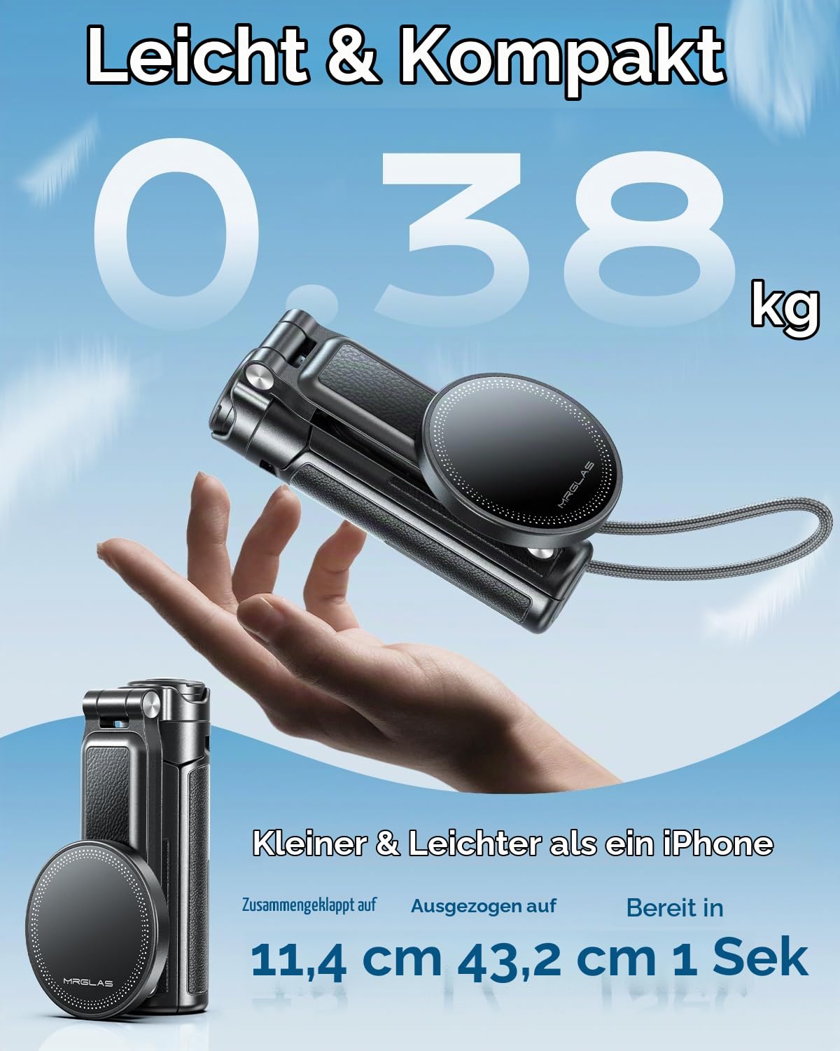 17 Zoll Handy Stativ Selfie Stick, 4,5 Zoll Taschenformat Bluetooth | 4-in-1 Design, Kabellose Fernbedienung, 360° drehbar, Kompatibel mit MagSafe, Abnehmbare Klemme, Für iPhone Android