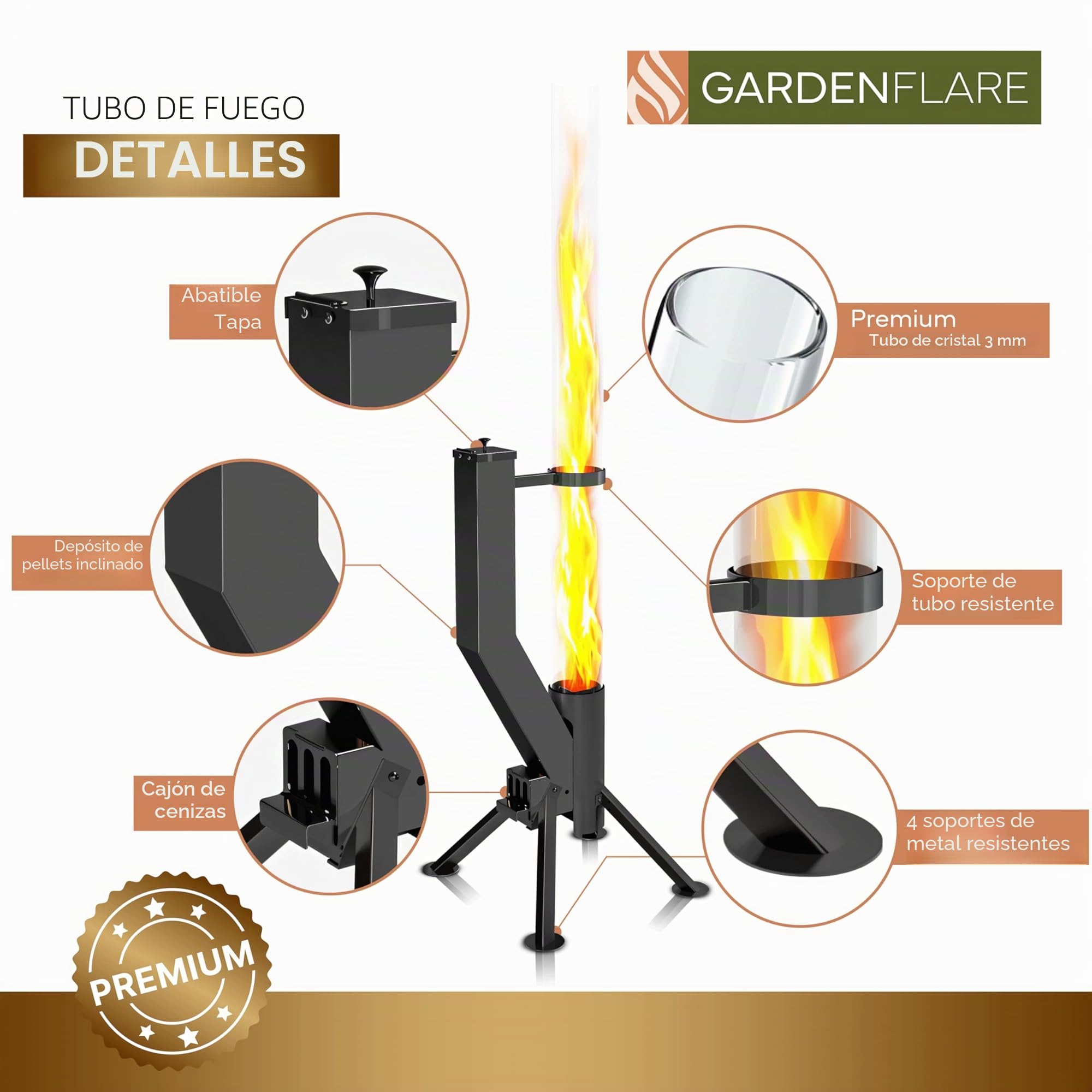 GARDENFLARE Fogón sin humo, tubo de fuego de pellets de madera para exteriores, chimenea de acero inoxidable para ambiente en tu patio, porche y jardín (negro mate, premium)