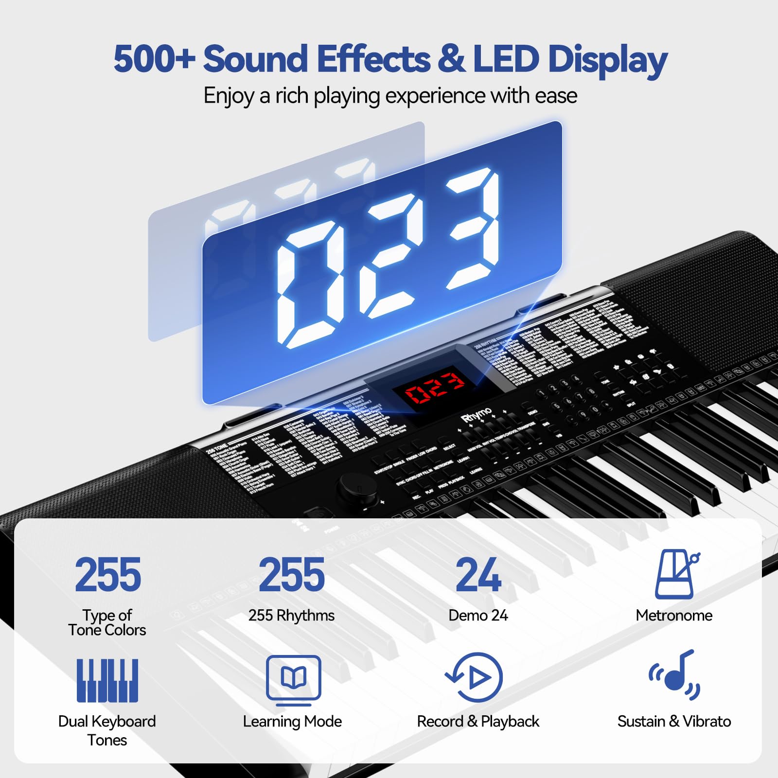 Clavier Piano Électronique 61 Touches pour Enfants et Adultes Débutants - Kit Complet avec Support Partitions, Microphone, 255 Voix/Rythmes, Alimentation USB/Adaptateur, Portable
