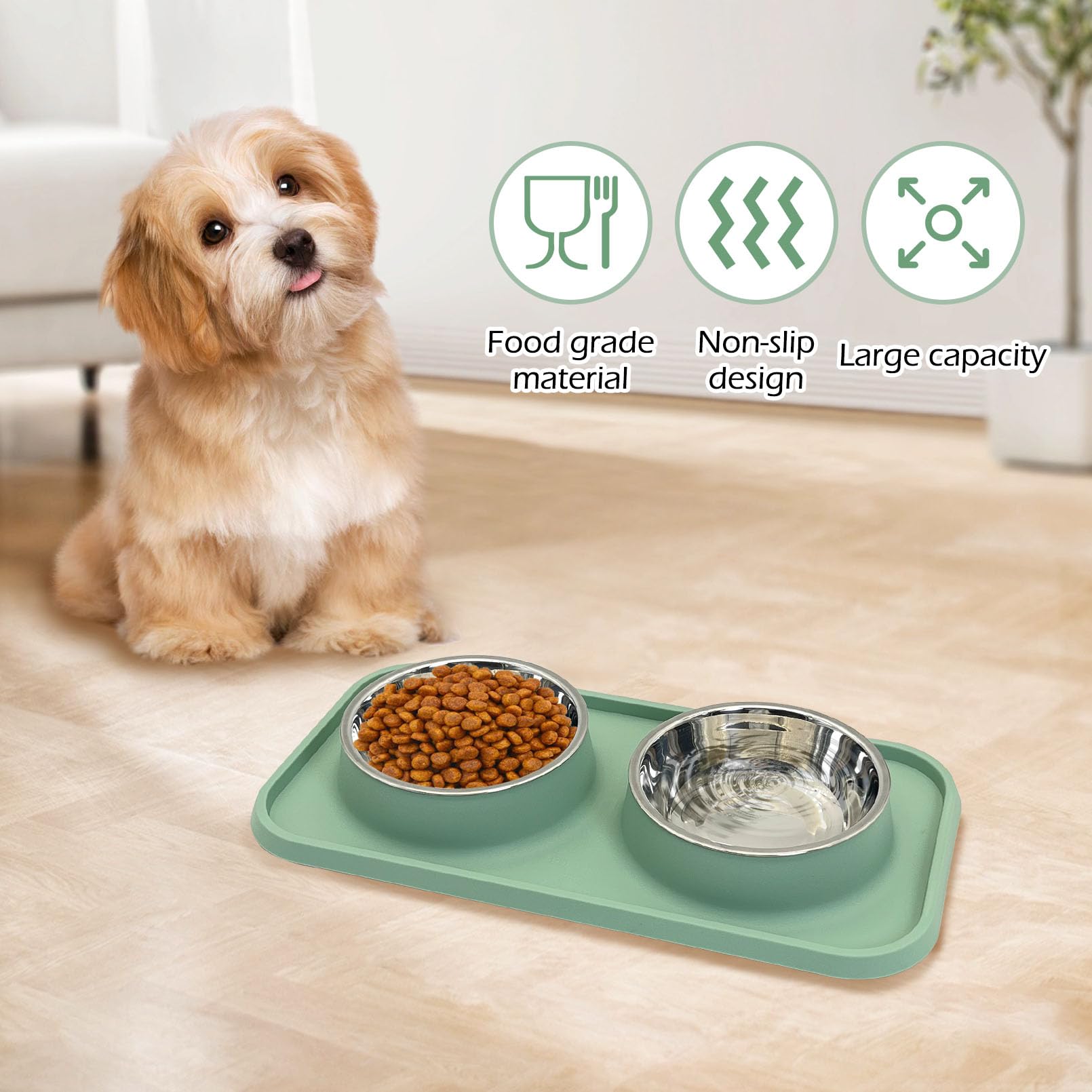 BNOSDM Cuencos dobles de acero inoxidable para comida y agua para perros con alfombrilla de plástico antiderrames, juego de cuencos para cachorros, gatos, gatitos, perros pequeños y medianos, color