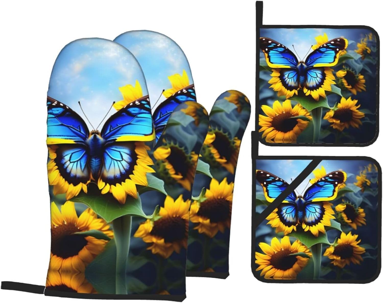 Sunflower Blue Butterfly Oven gloves and heat-resistant mat 4-piece set. Suitable for grilling, microwave oven frying, and baking