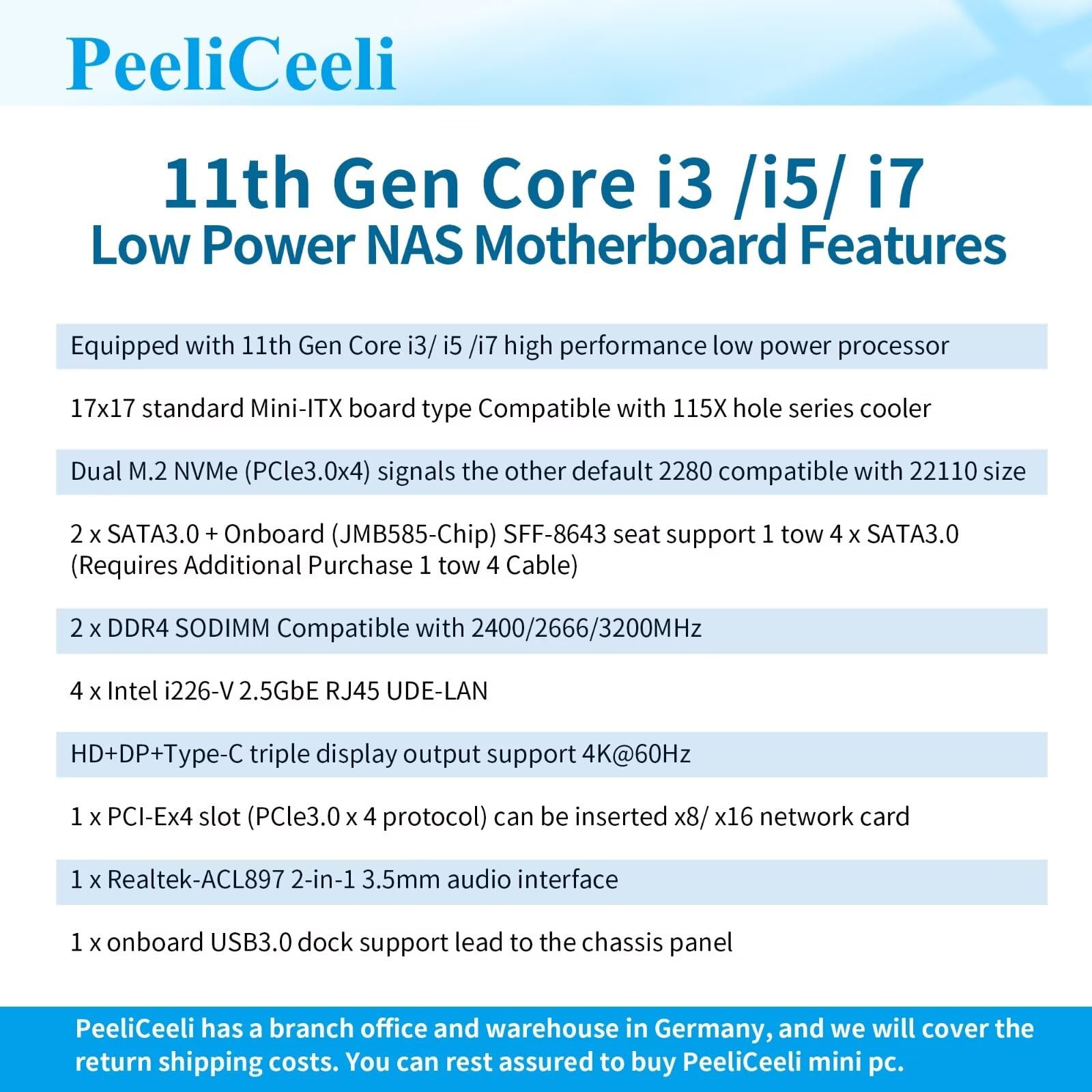 6 Bay NAS Motherboard Core i5 1135G7, Mini ITX 17x17 cm MainBoard, 6 x SATA3.0, 4 x i226-V 2.5GbE LAN, 2 x M.2 NVMe (PCle3.0x4), 2 x DDR4, PCIE×4, Barebone NO RAM NO SSD