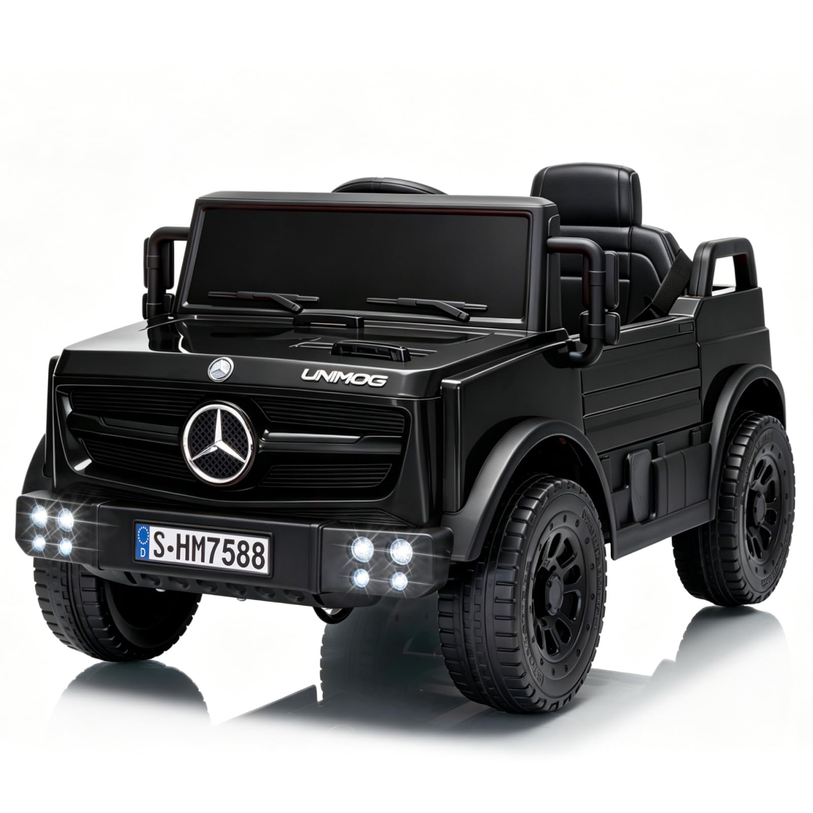 TCARAIWEN Kinderauto Elektro Mercedes-Benz Unimog Lizenz, 12V Elektroauto für Kinder 3-6 Jahre, Kinderfahrzeug mit Fernbedienung, 3-Punkt-Gurt, Bluetooth, 5 km/h (Schwarz)