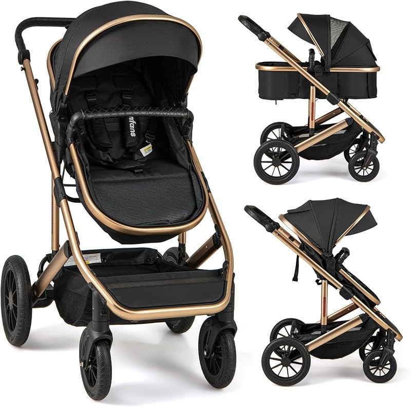 2 in 1 Baby Stroller, Folding Newborn Pram Convertible Stroller Bassinet for Infant Foldable High Landscape Shock Absorption with Reversible Seat Aluminum Structure for Pushchair