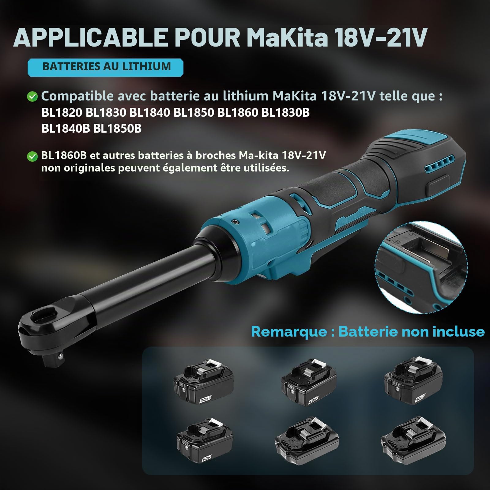 JOJOCY Clé à cliquet sans fil 3/8" compatible avec batterie MK 18 V avec adaptateur 1/2" et 1/4", tête allongée de 15 cm, vis à cliquet électrique, 80 Nm, 320 tr/min (bleu)