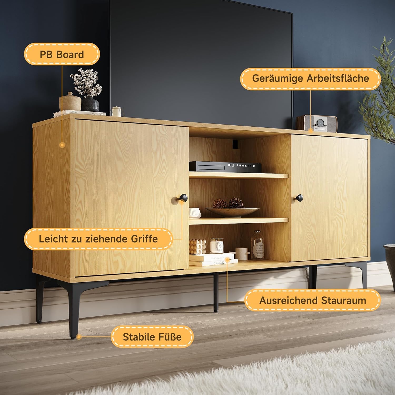 SONNI TV-Schrank, Fernsehtisch, Fernsehregal, Lowboard für Fernseher 60 Zoll mit 2 Schränken, 3 offenen Fächern, 2 Kabellöchern, Metallfüßen, für Wohnzimmer, Esszimmer und Schlafzimmer 135 x 35 x 70cm
