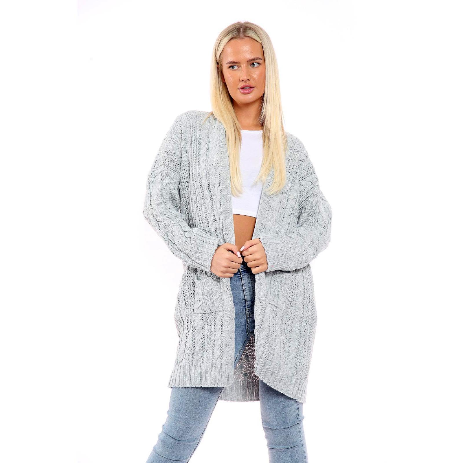 Janisramone Women's Grey Janisramone® Chunky Cardigans, Baggy Oversized Cable Knitted Cape Cardigan, Warm Longline Cardigans For Uk Open Front Long Cardigan With Pockets, Winter Outwear