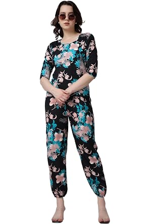 POPWINGS Casual Printed Top and Joggers Set for Women || Stylish Summer Co-Ords Set for Women || Round-Neck Top and Joggers Combo Set for Women