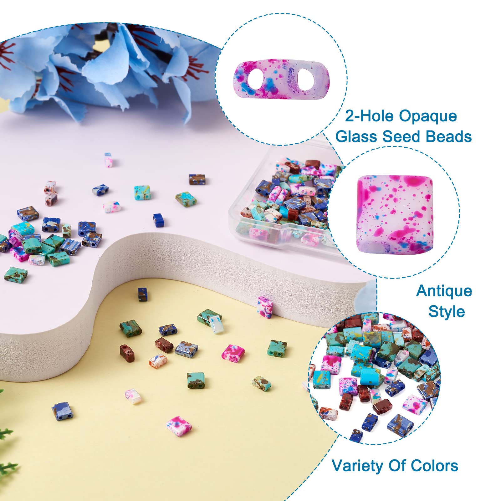 Craftdady 180pcs 2-Hole Glass Seed Beads: Multicolor, Rectangular & Square, 9 Colors, Antique Style, 2 Styles, Wide - Image 2