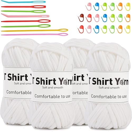 kdafio Paquete de 4 hilos para camiseta, hilo plano de ganchillo de 131 yardas, hilo de ganchillo de color sólido con agujas de ojos de plástico de