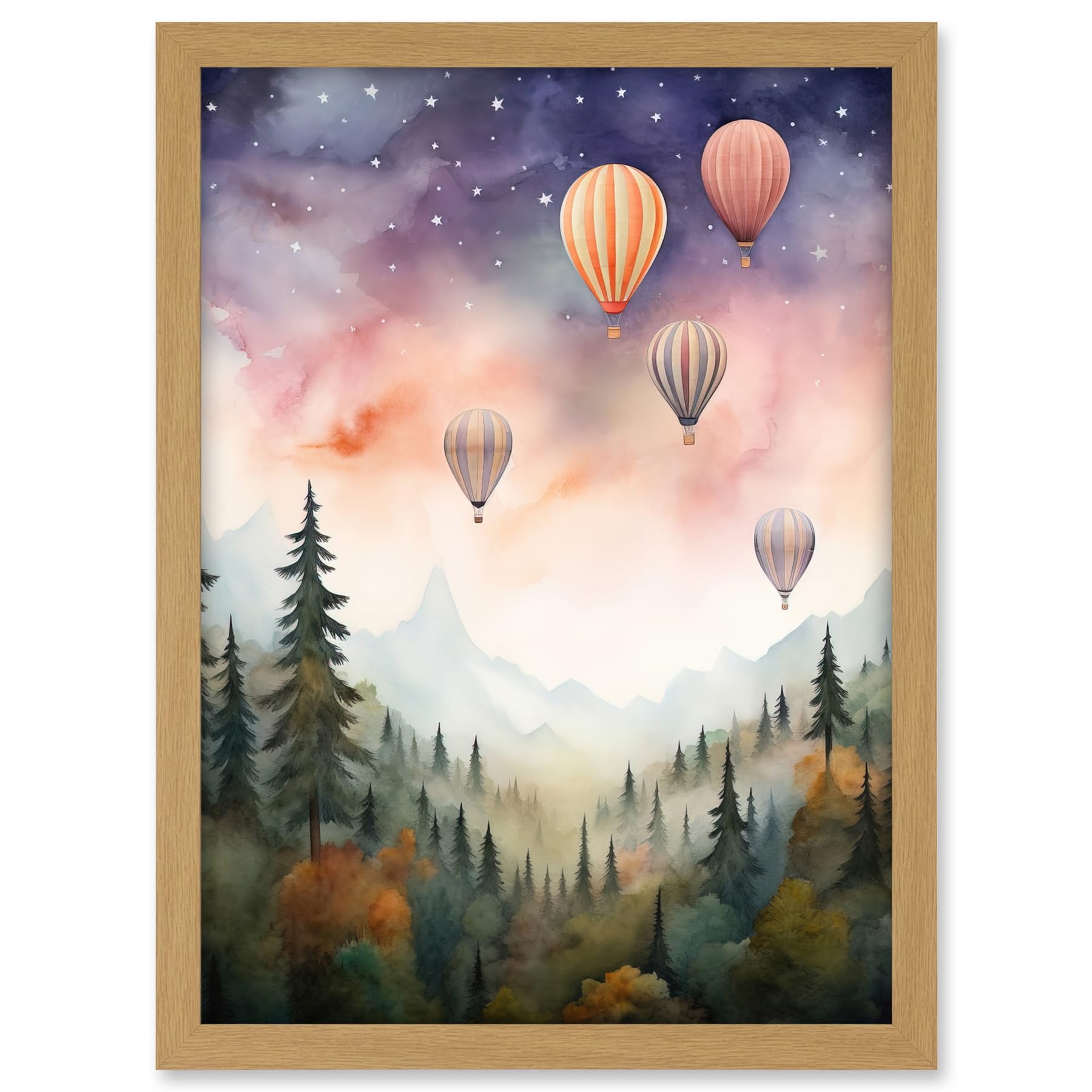 Artery8 Hot Air Balloons Over Misty Forest Landscape Watercolour Painting Orange Green Purple Dreamy Dusk Sky Stars Kids Bedroom Artwork Framed A3 Wall Art Print