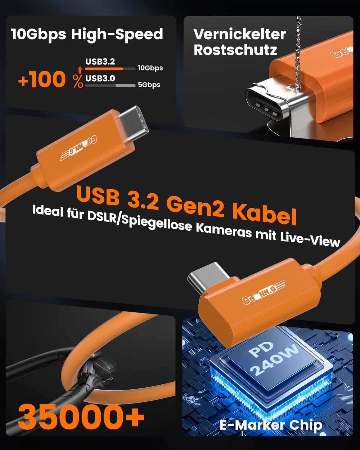Glasfaser USB C Tethering Kabel 4.5M, Rechtwinkliges 10Gbps VR Cord für Bidirektionale Datenübertragung mit PD 60W, USB 3.2 GEN 2 Link Kabel für VR/Kamera/Sony/Canon/Nikon/MacBook (Orange)