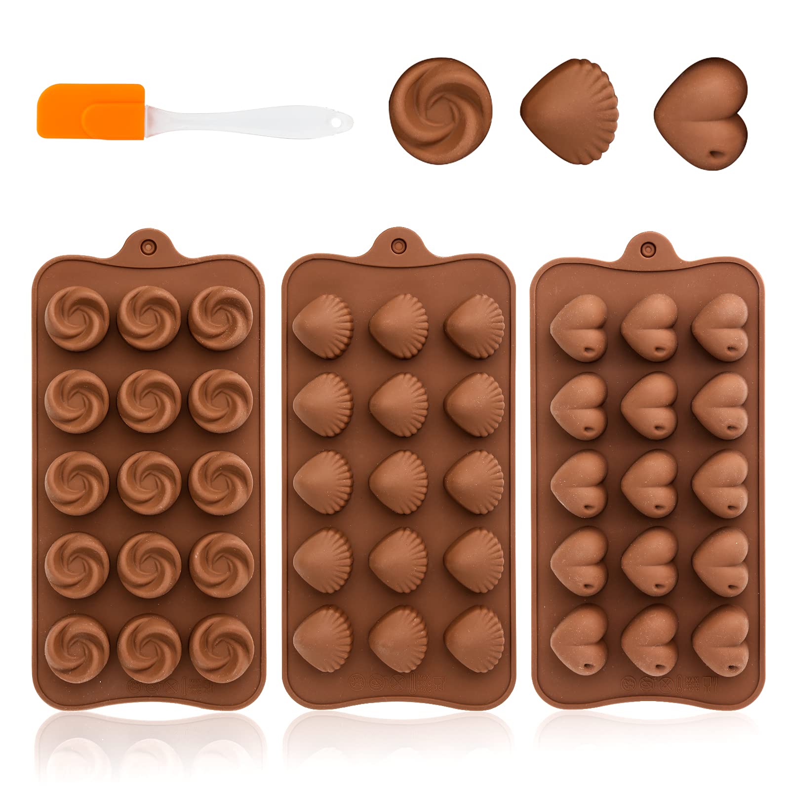 MOSTFUN 3 Pcs Silicone Chocolate Moulds with Cream Spatula, Food Grade Non-Stick Jelly & Wax Melt Molds for Chocolate, Muffins, Cakes, Candy, Ice Cubes (3 Shapes)