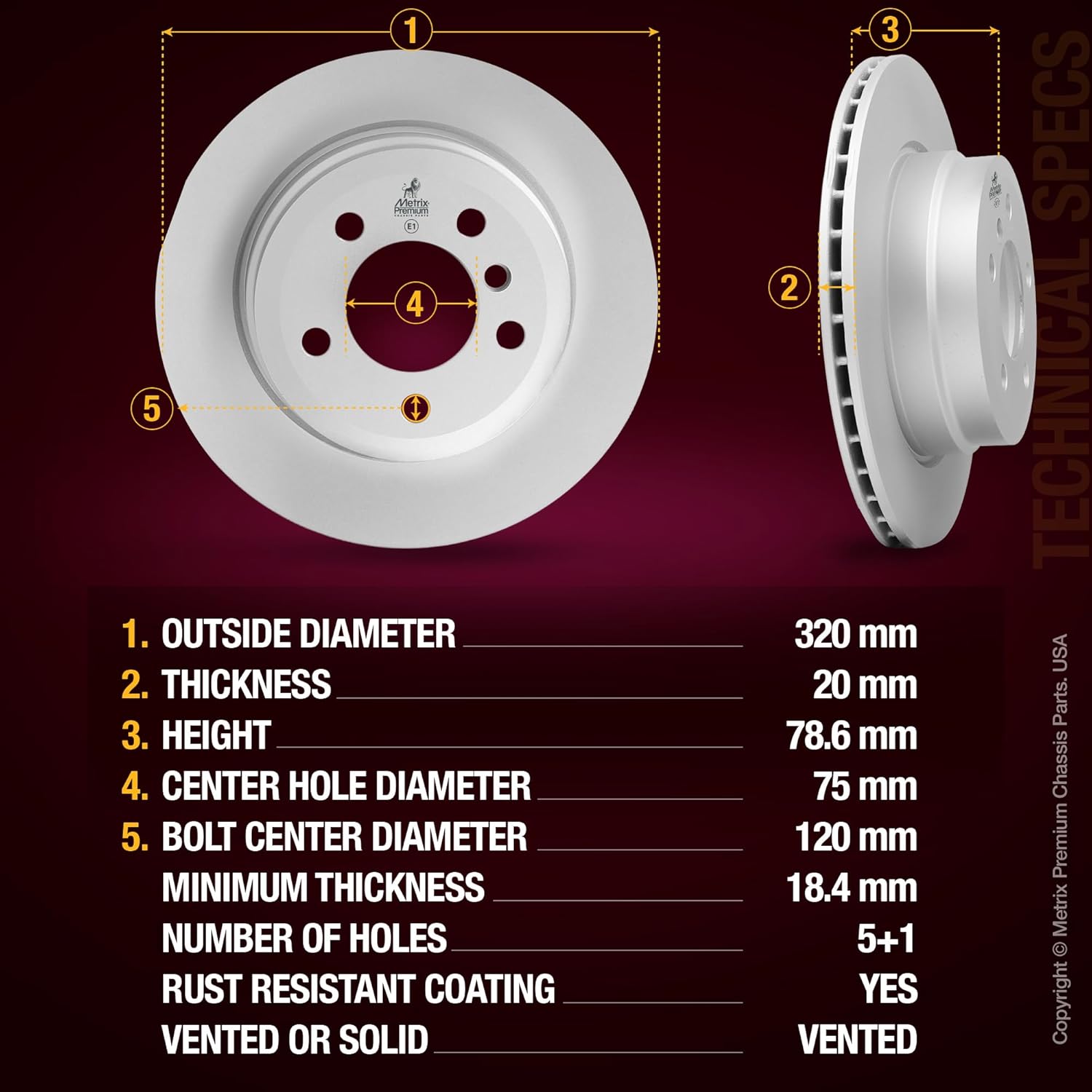 Metrix Premium Chassis Parts - 12.6 inch (320 mm) Rear Coated Vented Disc Brake Rotor Fits 2007-2018 BMW X5, 2010-2019 BMW X6, Replacement 980593FZN, Made in Europe
