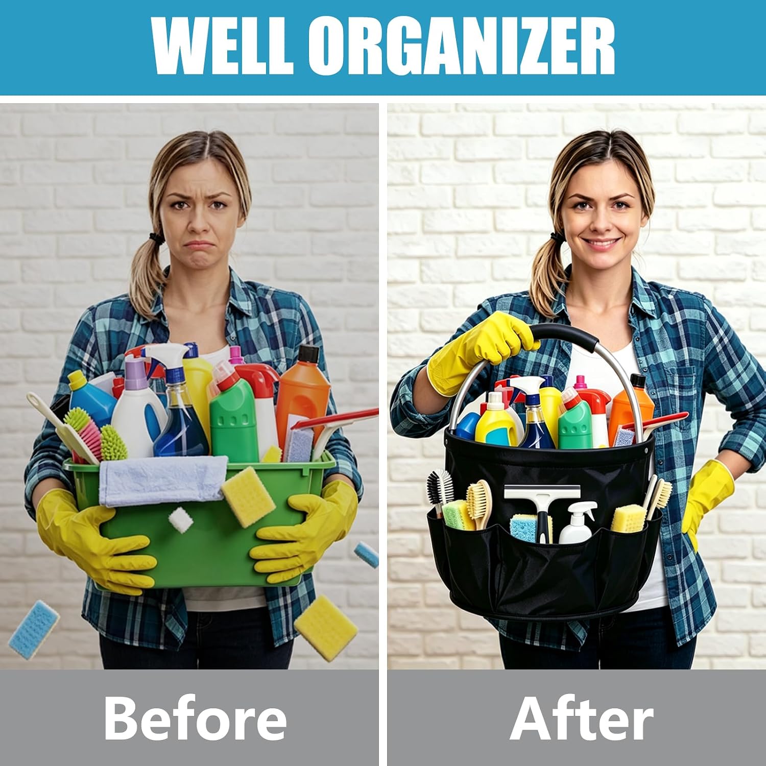 Cleaning Caddy with Handle, Large Cleaning Supplies Caddy with 6 Pockets, Foldable Storage Basket, 17L Portable Cleaner Bucket Organizer for Home, Garden (Black)