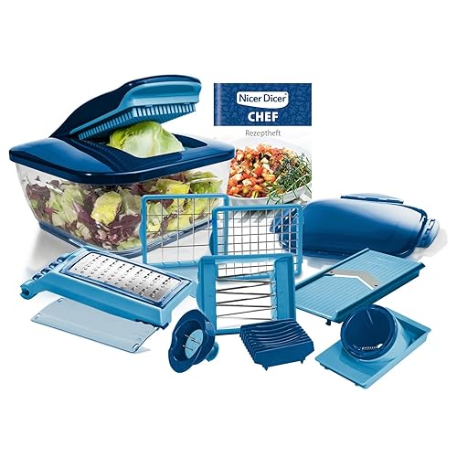 Genius Gemüseschneider Gemüsehobel Nicer Dicer Chef 15 tlg., Gemüse Schneider, Spiralschneider, Reibe für Gemüse und Käse, Multizerkleiner, Gurkenhobel, Vegetable Chopper - Blau