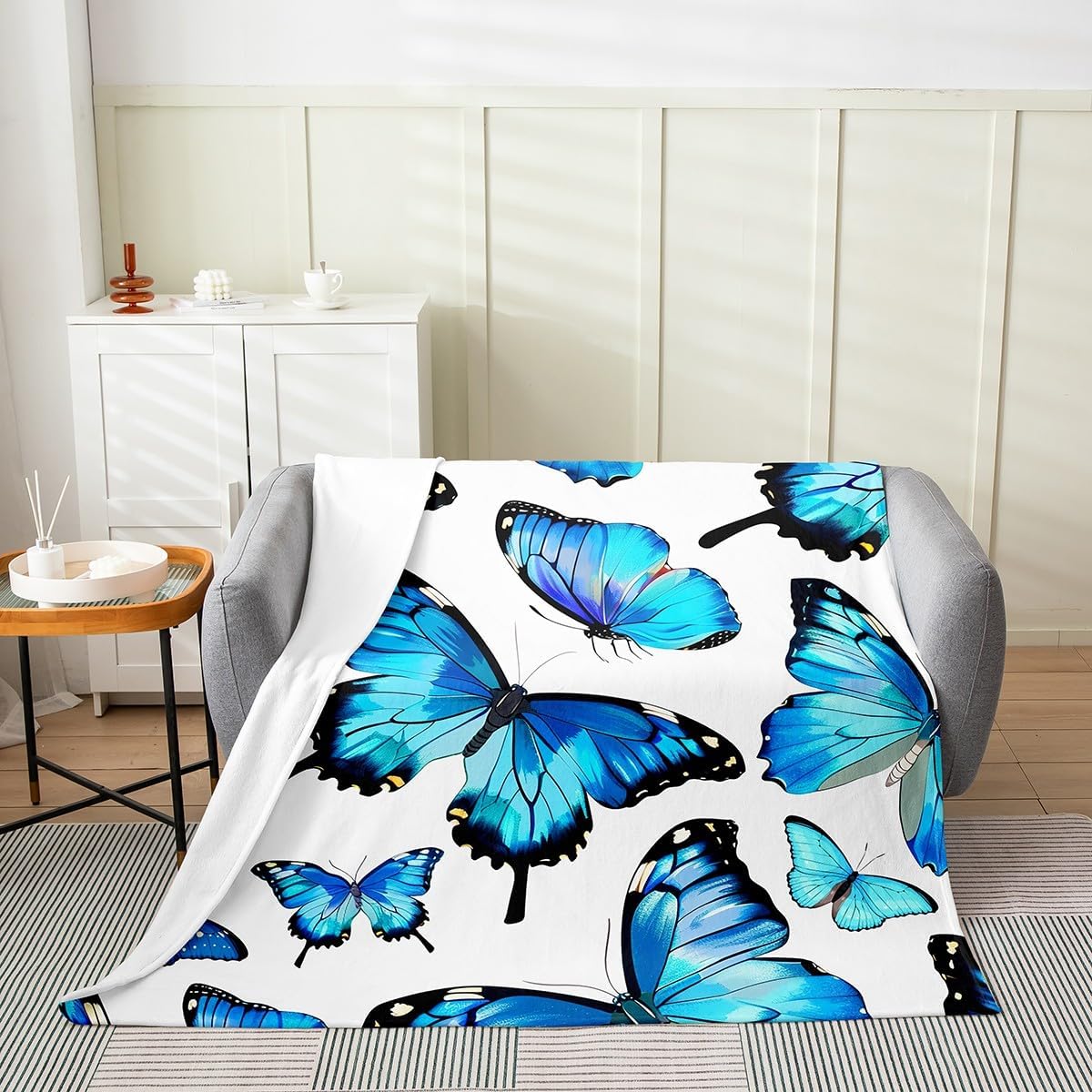 jejeloiu Butterfly Flannel Fleece Throw Blanket Queen 90"x90" Butterflies Print Fuzzy Blanket Girl Butterfly Floral All Season Bed Blanket Blue Butterfly Plush Blanket Bedroom Blue Yellow Quilt Cover
