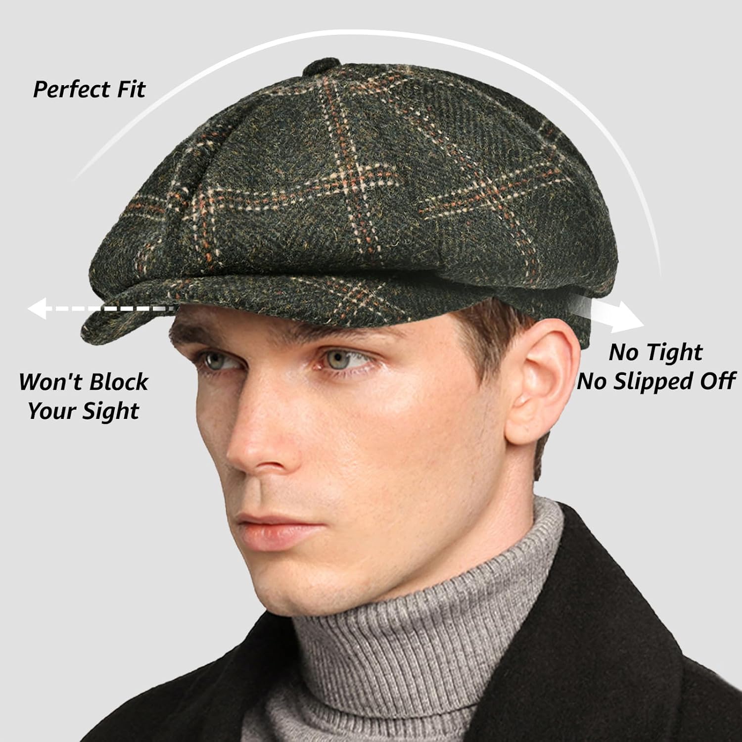 Mens Newsboy Cap High Woolen Tweed Gatsby Hat Ivy Cabbie Flat Golf Cap for Fathers Women Unisex - Image 3