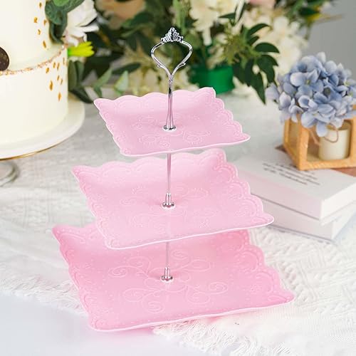 Miniatura 1 de Efavormart - Soporte para magdalenas con estampado floral de 3 niveles, soporte cuadrado rosa para postres con bordes ondulados, plástico