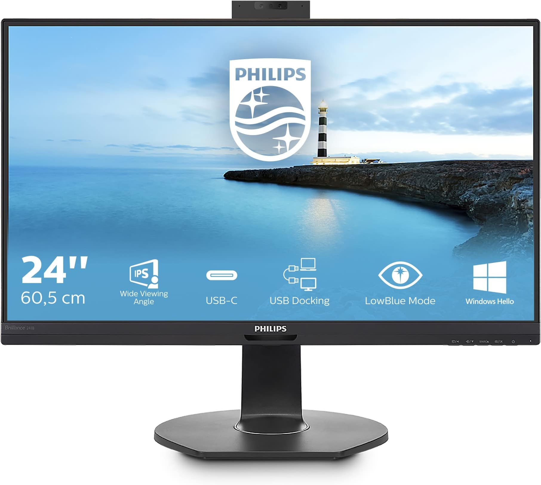 Philips 241B7QUBHEB -24 inch FHD Monitor, 75Hz, 4ms, IPS, USB-C Dock, Speakers, Height Adjust, Webcam (1920 x 1080 - 250 cd/mยฒ - HDMI, DisplayPort, USB-C, RJ45)