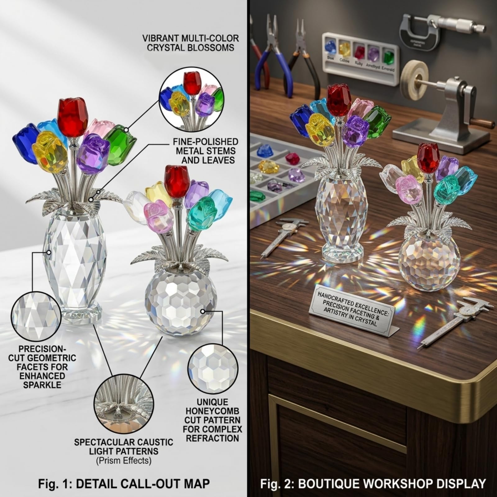 Juego de 2 figuras coloridas de rosas de cristal sólido para regalo