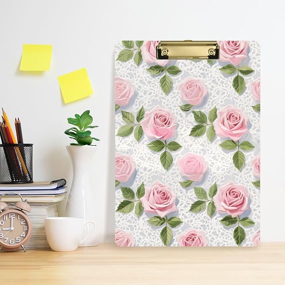 Pink Lace Rose Flowers File clipboard Standard Hole for Volleyball Baseball Coaches Size 9 x 12inches