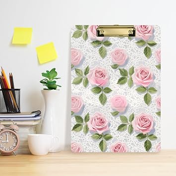 Pink Lace Rose Flowers File clipboard Standard Hole for Volleyball Baseball Coaches Size 9 x 12inches