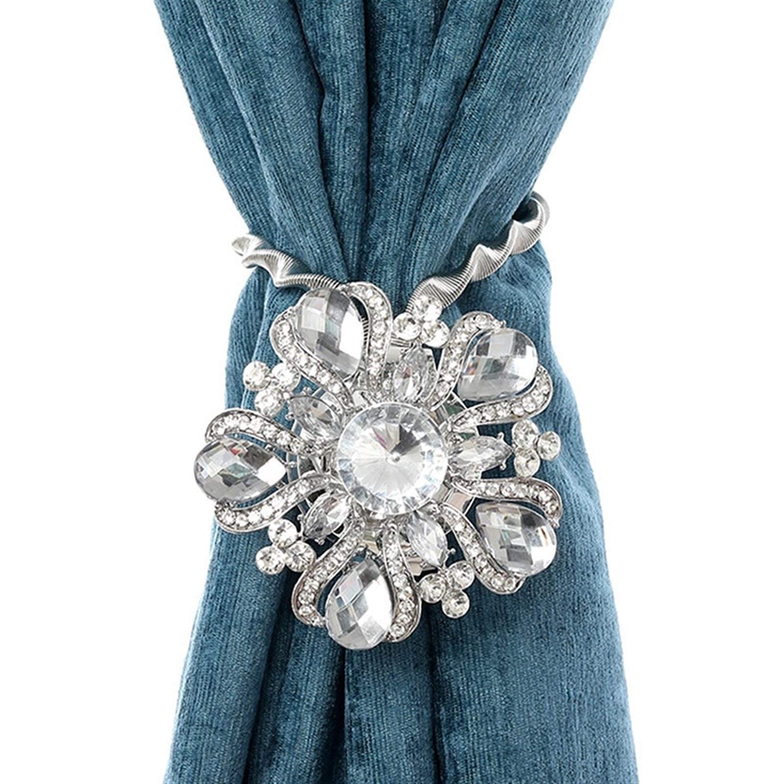 Paire d'embrasses de rideaux magnétiques, embrasses de rideaux en diamant pour décor à la maison Porte-rideaux à fleurs en cristal Ressort de traction Ceinture en fil d'acier Aimant Accessoires de r