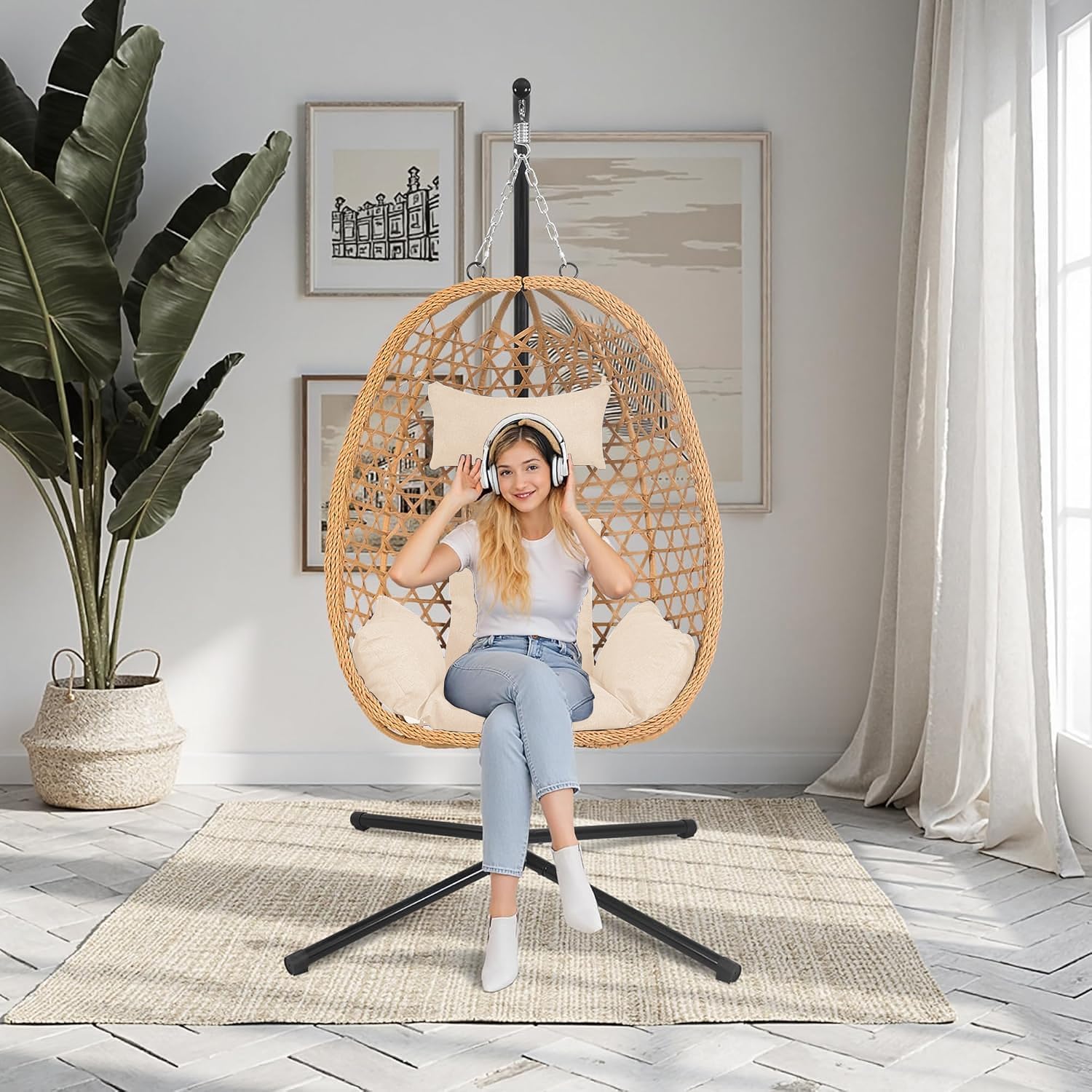 Hanging Egg Chair with Stand,All-Weather Rattan,330LBS Cap,Burlywood | Swing Chair with stand & thick cushions,330lb capacity,rust-proof frame,boho style for patio/balcony/garden image 2