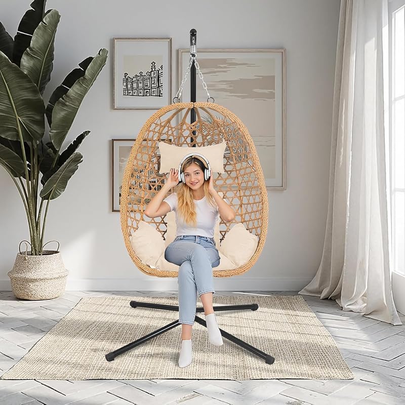 Outdoor Hanging Egg Chair with Stand,Patio Rattan Hammock Chair,Burlywood image 2