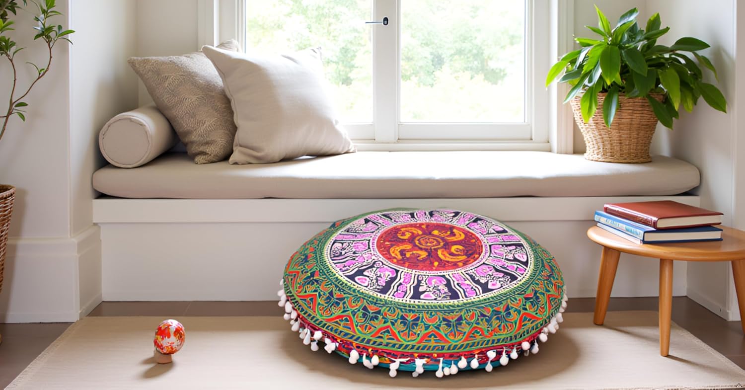 CRAFT KALA 22" Bohemian Floor Pillow Pouf Cover Mandala Boho Large Round Meditation Room Pillow Covers for Adults Seating Poufs Cushion Cover for Kids Playroom Multi 6 Color