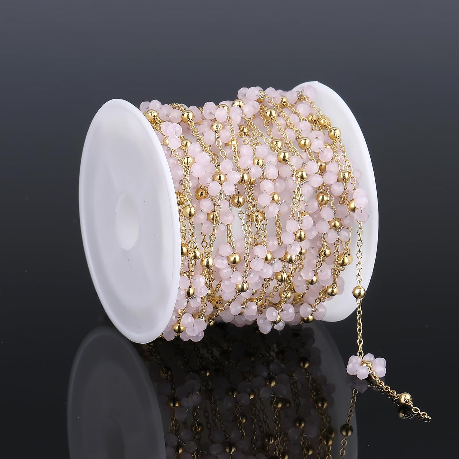3 Meters Bead Flower Chain for Jewelry Making Gold Plated Stainless Steel Jewelry Making Chains Light Pink Crystal Floral Craft Chain Roll