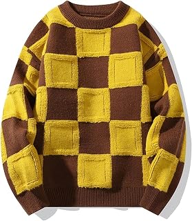 Autumn Plaid Knitted Sweater Pullover Men's Harajuku Patchwork Casual O-Neck Sweater Korean Oversized Unisex Street Sweater-Yellow Coffee-XL