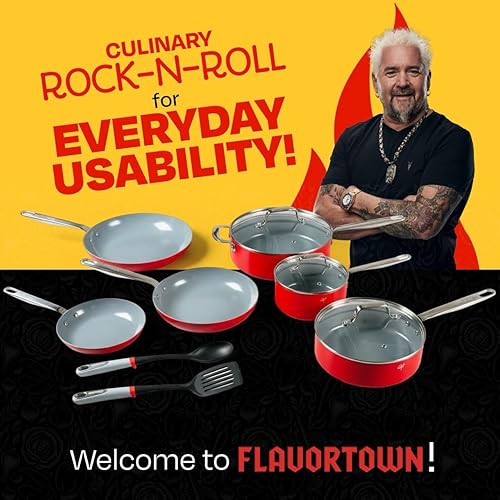 Miniatura 9 de Guy Fieri's Flavortown Juego de utensilios de cocina de cerámica de 11 piezas, ollas y sartenes antiadherentes para cocinar, fabricado sin PFAS PTFE