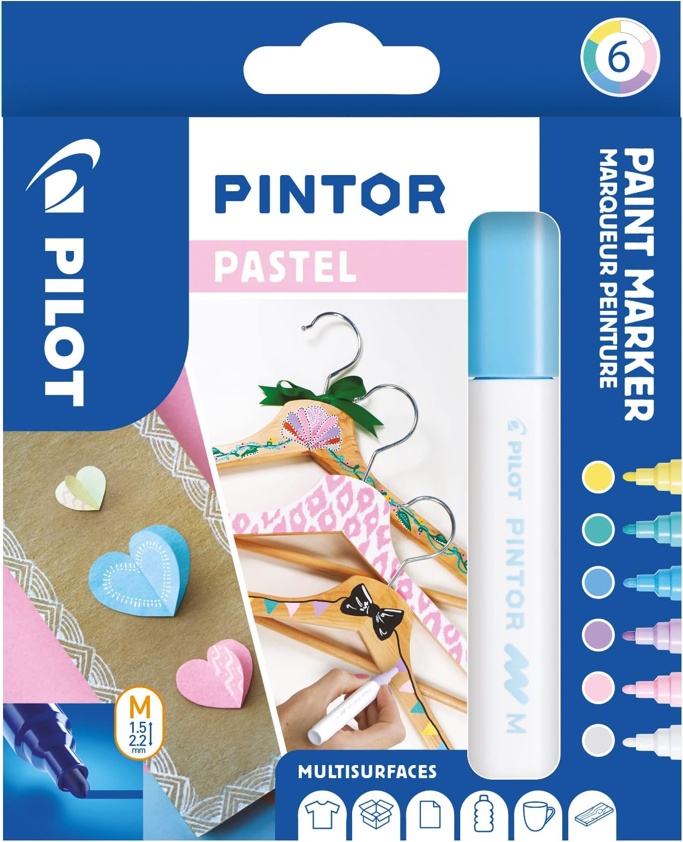 PILOTPintor, Wallet of 6 Creative Multi-Surface Water-Based Permanent Markers - Quick Dry - For Fabrics, Glass, Wood, Stone, DIY/Amateur Artists - Medium Tip - Assorted Pastel Colors