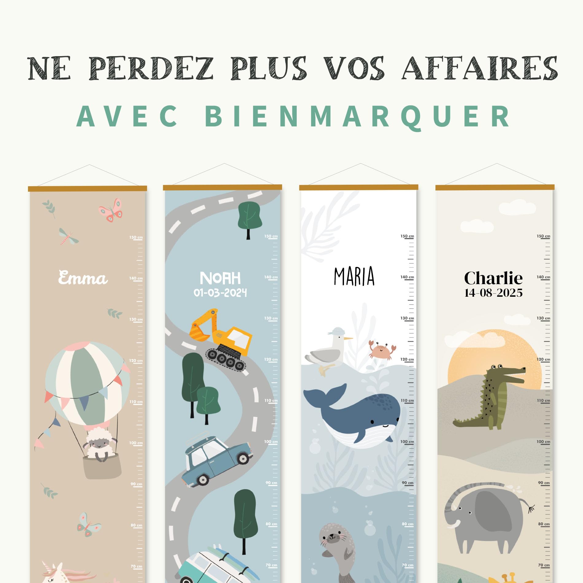 Bienmarquer - Toise Murale Personnalisée pour Bébé/Enfant - Toise de Croissance Personnalisable avec un Prénom - Règle de Hauteur Permettant de Mesurer la Taille de l'Enfant (Mer)