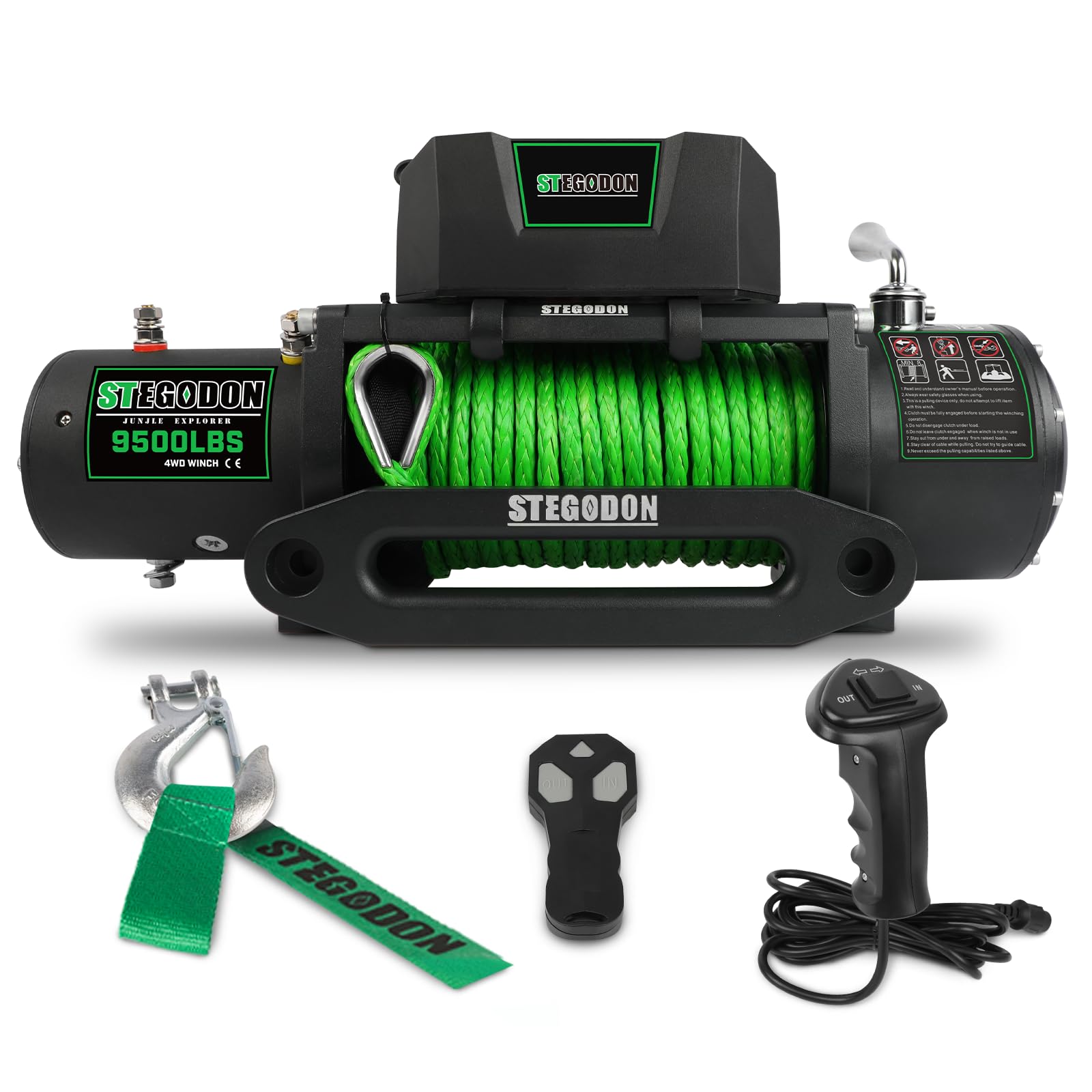STEGODON Winch 9500 lb Winch 12V Electric Winch Electric Synthetic Rope Winch with Hawse Fairlead,Wireless Remote and Corded Control for Truck SUV