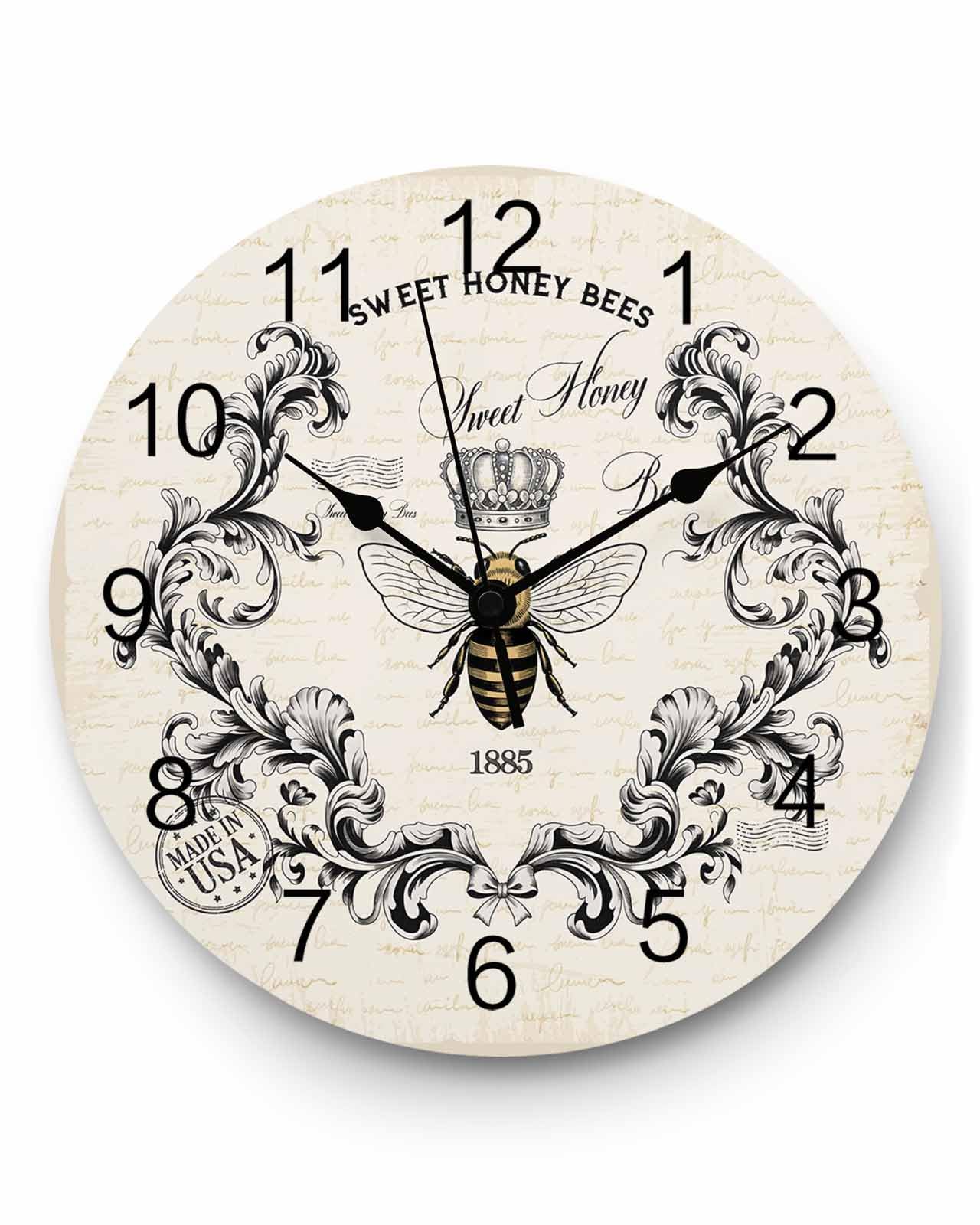 Ensound Wall Clock Sweet Honey Bees Clocks Wooden Silent Non-Ticking Battery Operated Decorative Floral Crown Wreath Vintage Round Clock for Home Living Room Kitchen Bedroom Office School 12 Inch