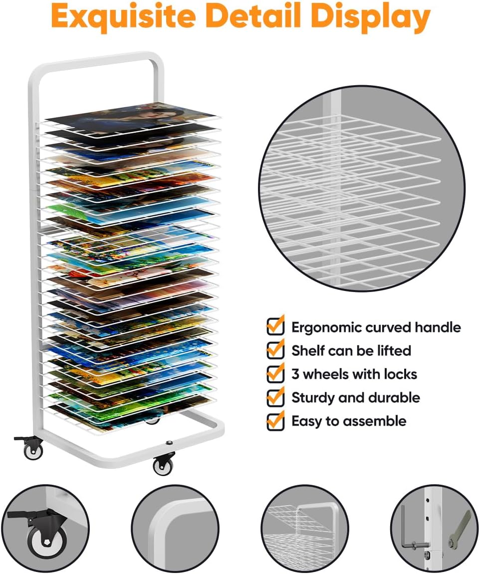 Art Drying Rack with 25 Removable Shelves, Mobile Metal Paint Drying Stand with Lockable Wheels, Functional Canvas Rack Art Storage for Artwork in Classrooms, Art Studios and Schools, White