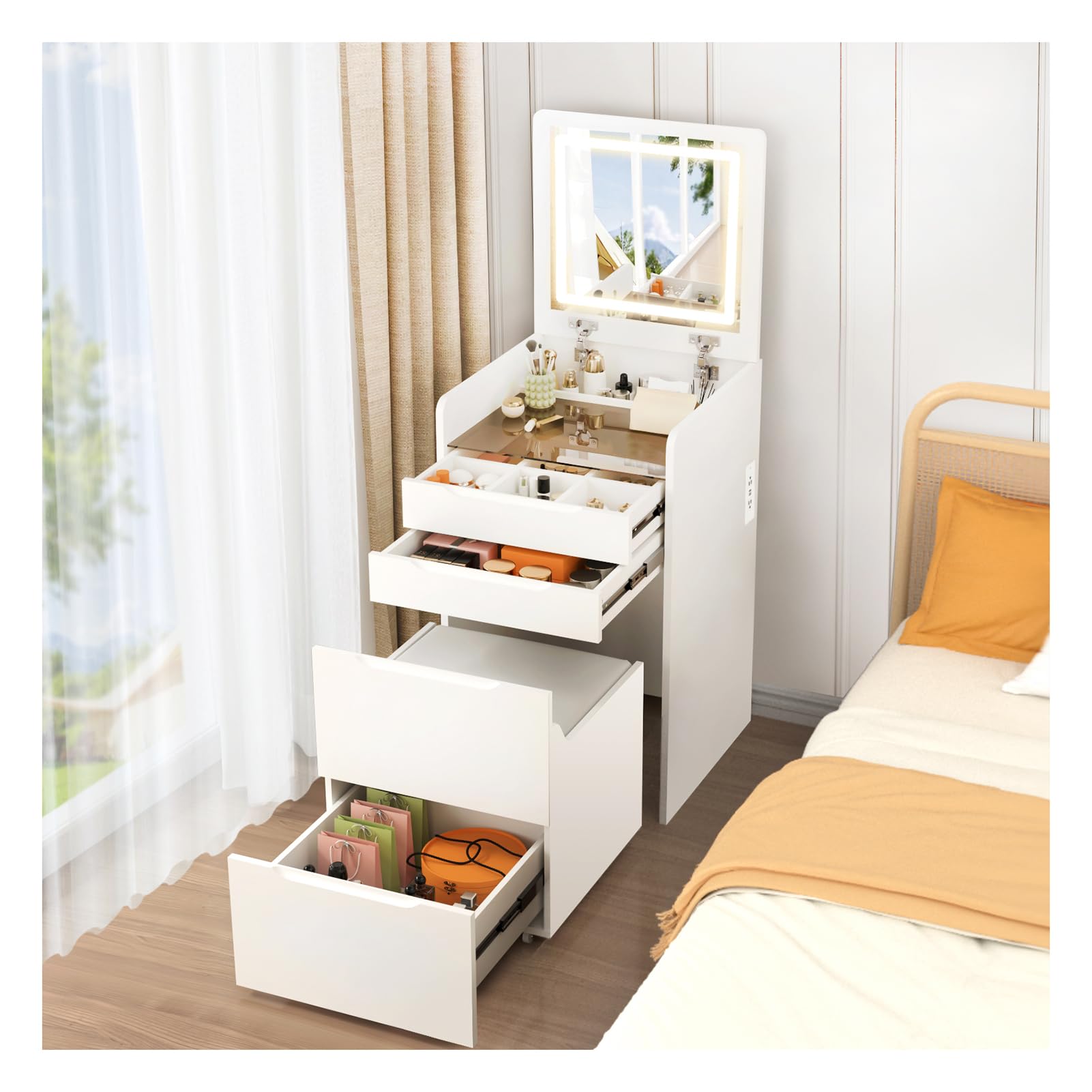 OXBZKMY 3 in 1 Vanity Desk, Flip Top Vanity Set with Mirror and 3 Drawer, Small Makeup Vanity Table with Cushioned Stool & Power Outlet, Compact Dressing Table for Bedroom, White