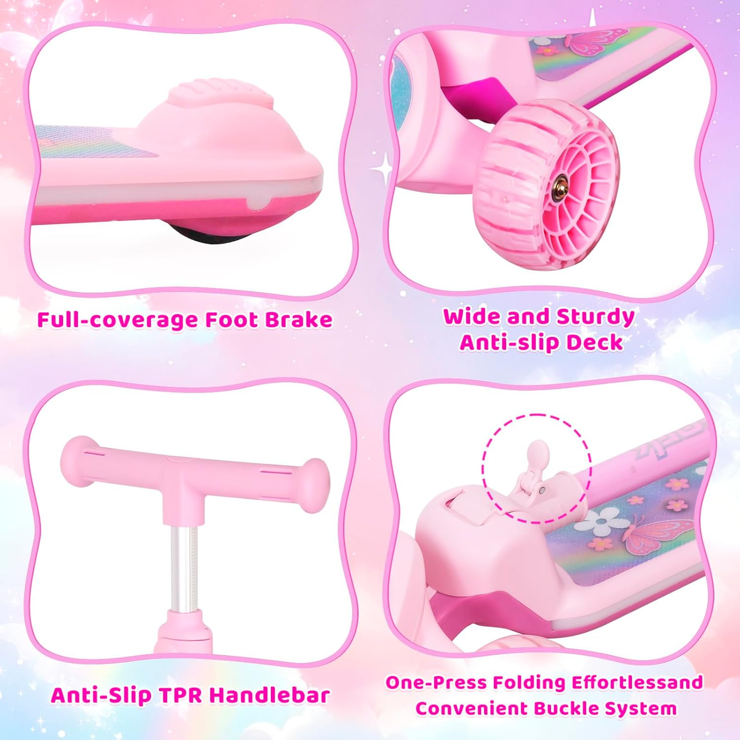 Nattork Kids Scooter with Light Up Wheels, Deck and Headlight, Wide Anti-Slip Deck and T-bar Handle with Rear Foot Brake, Adjustable Height 3 Wheel Scooter for Kids Ages 3+ and up to 220Lbs