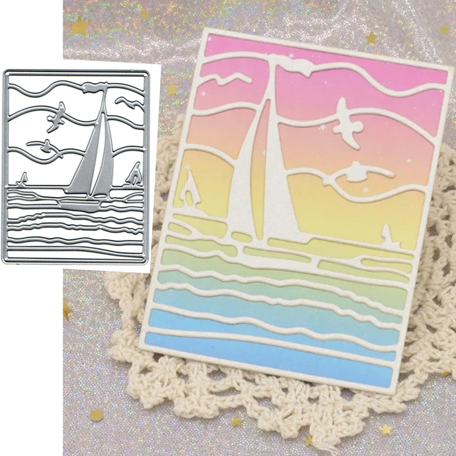hubangzhu Sails Waves Frame Square Metal Die Cuts, Ocean Boat Seagulls Square Cutting Dies, Scrapbooking Decorative Embossing Paper Party Wedding Card Making